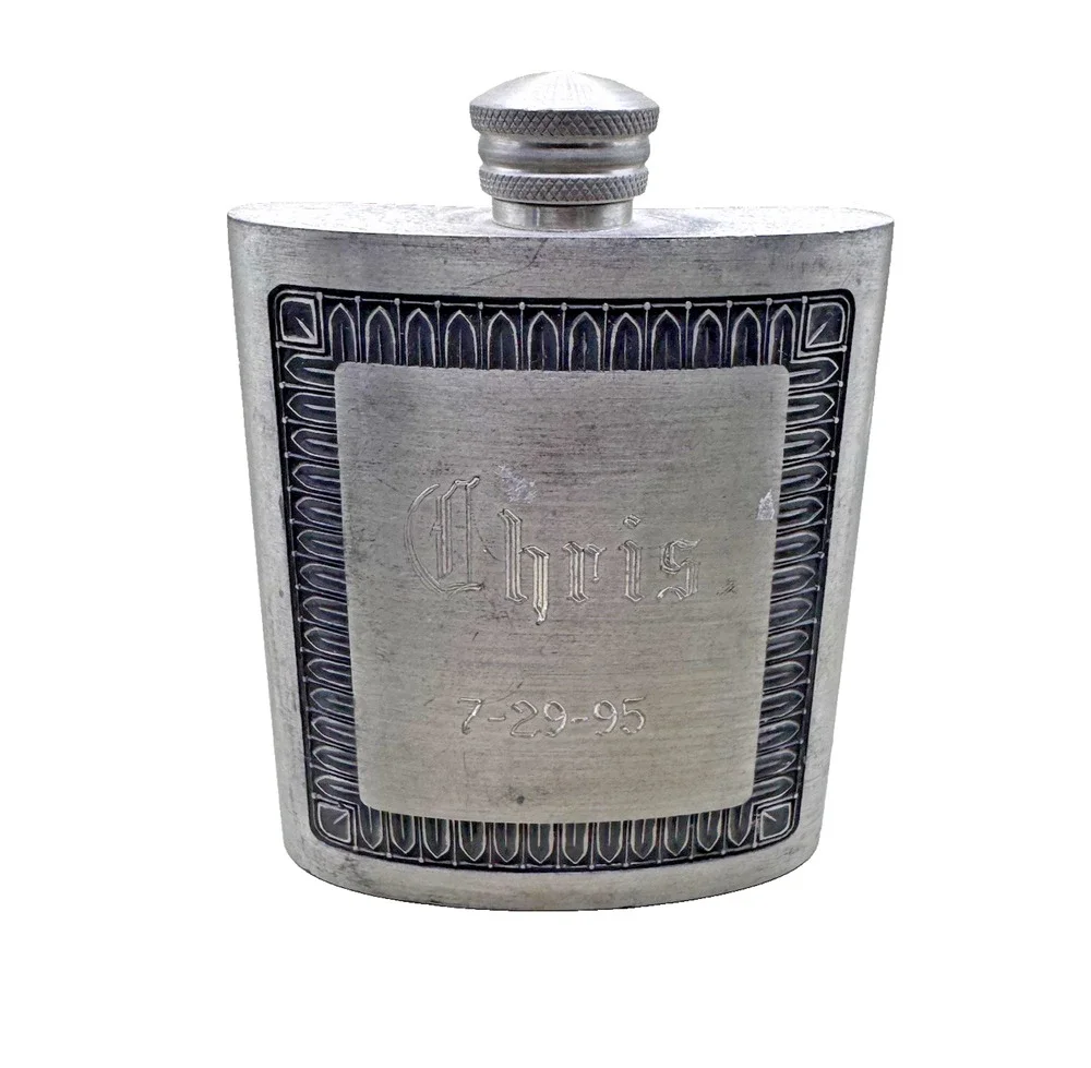 Vintage Kings Pewter Engraved Flask Thailand “Chris 7-29-95